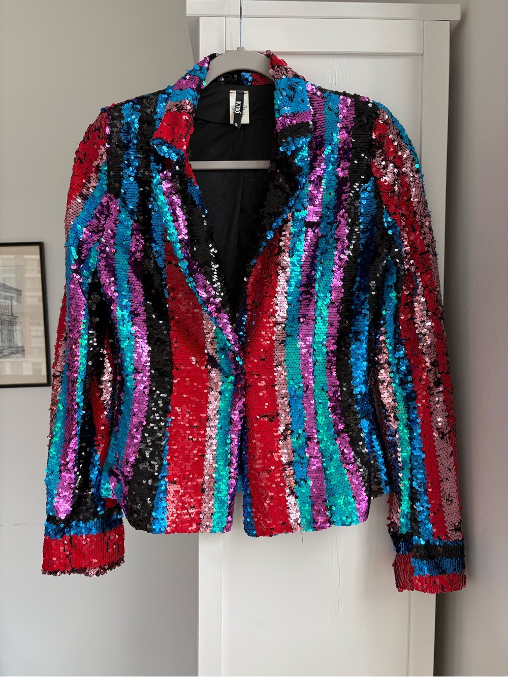 Women’s Multicolor Striped Sequin Blazer Size S Avant Garde Eclectic Dopamine - Picture 3 of 9